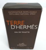 A Hermes Terre D'hermes refillable eau de toilette 30ml travel spray, boxed.