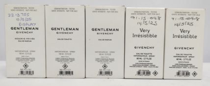 Five nearly new Givenchy eau de parfum/toilette 100ml testers and related, boxed. (please note: bott