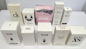 Thirty nearly new perfumes/testers and related to include Boss, CK, Katy Perry, Paco Rabanne and mor