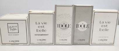 Five nearly new Lancome eau de parfum testers and related, boxed (please note: bottles may have been