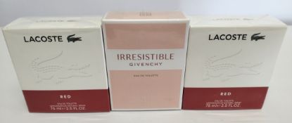 Three as new fragrances - Two Lacoste Red eau de toilette 75ml and one Givenchy Irresistible eau de