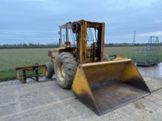 1984 Sanderson SB50 TC masted forklift 4.5m with front bucket and pallet tines on 14-28 front and 9.
