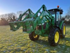 2019 John Deere 5075E with H240 front loader and pallet tines, 2No return spools on Alliance 320/85R