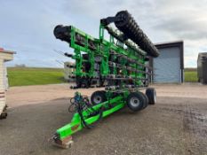 2017 Tilso Rake & Roll 12m hydraulic folding straw rake with mounted 2011 Vaderstad Biodrill 360. Bi