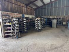 Quantity workshop shelving and contents. Sold in situ buyer to remove