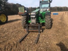 2004 John Deere 3415 materials handler on 15.5/80-24 wheels & tyres, c/w pallet tines Reg: YX04 DDE.