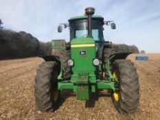 1991 John Deere 3650 4wd tractor on 340/85R28 and 460/85R38 wheels & tyres. SG2 cab. c/w 6 wafer wei