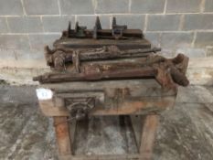 2No wooden work benches with vices