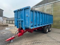 1995 Collin White 18t twin axle trailer with sprung drawbar, rollover sheet, manual rear door and ma