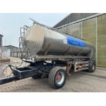 Stainless steel 16,000l water tank mounted on chassis. C/w dolly and pump. On 385/65R22.5