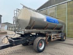 Stainless steel 16,000l water tank mounted on chassis. C/w dolly and pump. On 385/65R22.5