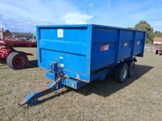 1985 AS Marston FF10L 10t grain trailer with fixed drawbar, manual tailgate and grain chute, twin ax