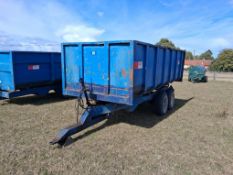 1981 AS Marston 10t grain trailer with fixed drawbar, manual tailgate and grain chute, twin axle on