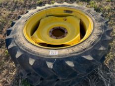 Pair of Goodyear rear 13.6R38 row crop wheels and tyres on John Deere 8 stud rims