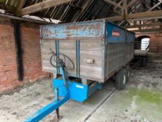 1977 Ransomes twin axle, twin ram tipping trailer with timber drop sides and extensions, manual rear