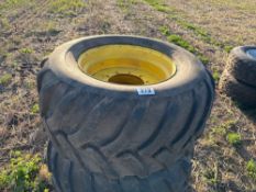 Pair of Trelleborg 600/55-26.5 tyres on 10 stud rims