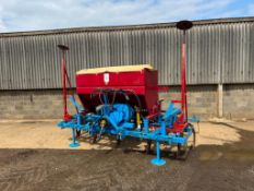 Farm made 12ft bean drill with 3 rows pig tail tines, following harrow, metering wheel, bout markers