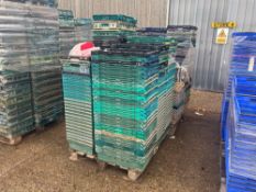 2No pallets green/brown plastic crates, 18cm x 40cm x 60cm. c.225 crates