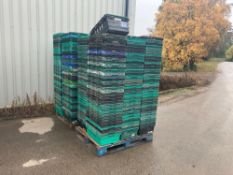 3No pallets green/black plastic crates, 18cm x 40cm x 60cm