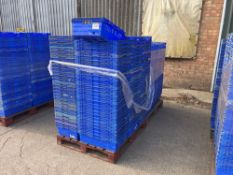 2No pallets blue plastic crates, 18cm x 40cm x 60cm. c.260 crates