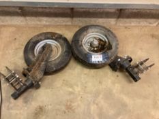 Pair 4.80/4.00-8 wheels and tyres on axles and brackets