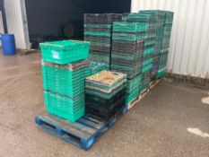 3No pallets green/black plastic crates, 18cm x 40cm x 60cm