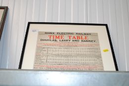 A framed and glazed Manx electric railway timetable dated May 1929