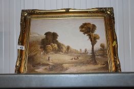 A print on canvas depicting a rural scene in gilt frame