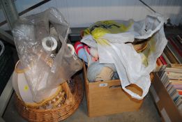 A quantity of various wicker ware, vintage wallpaper etc