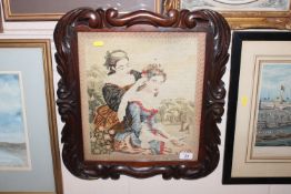 An antique wool work pole screen panel