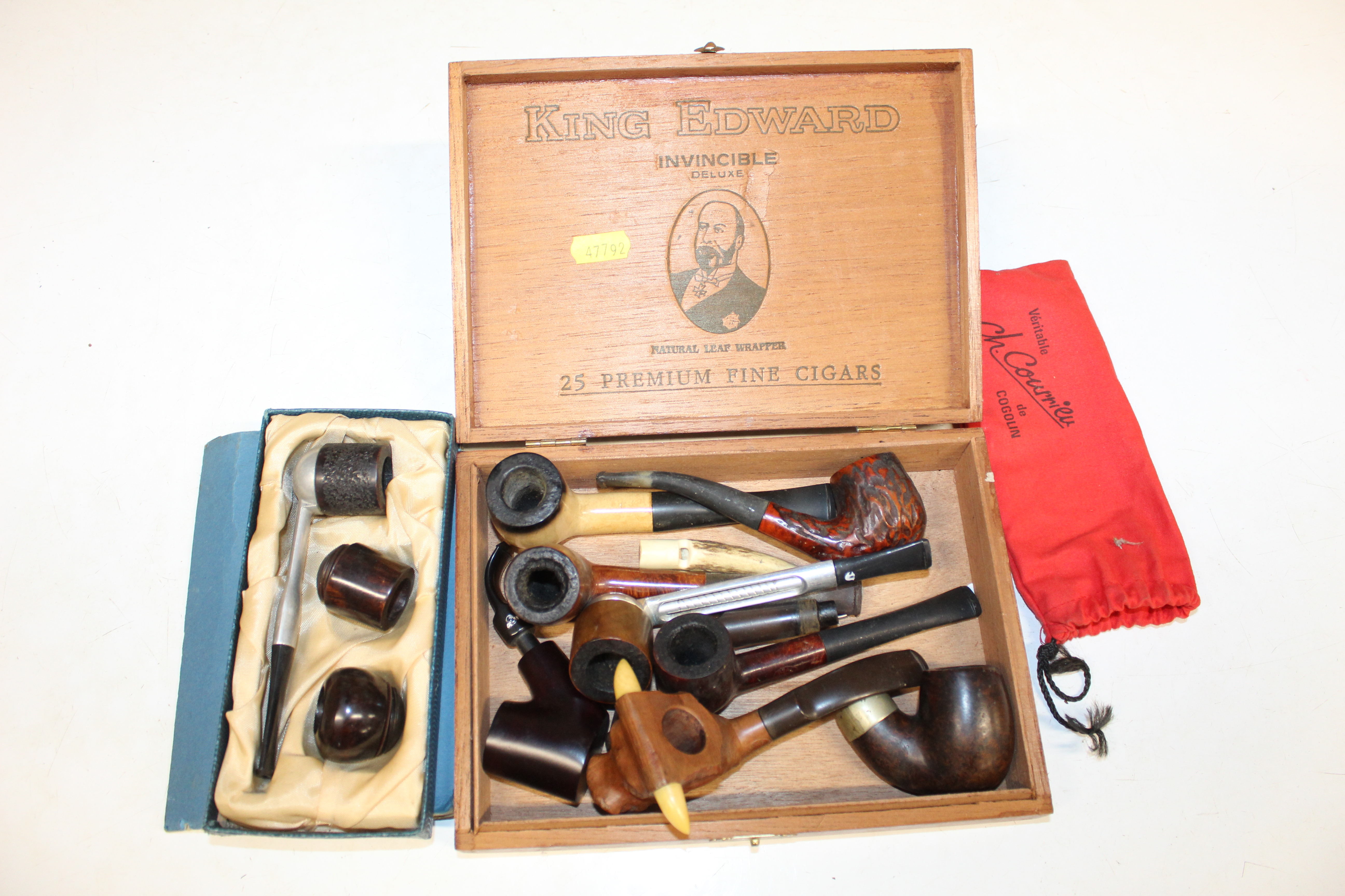 A Pukeberg Sweden glass pipe rest; a carved wooden - Image 7 of 11