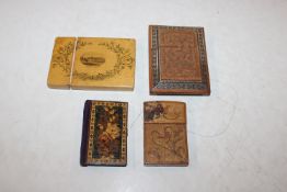 A tin containing card cases and a Tunbridge ware n