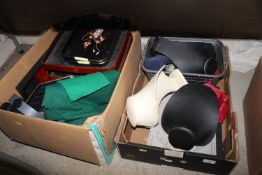 Two boxes containing various jewellery stands, tra