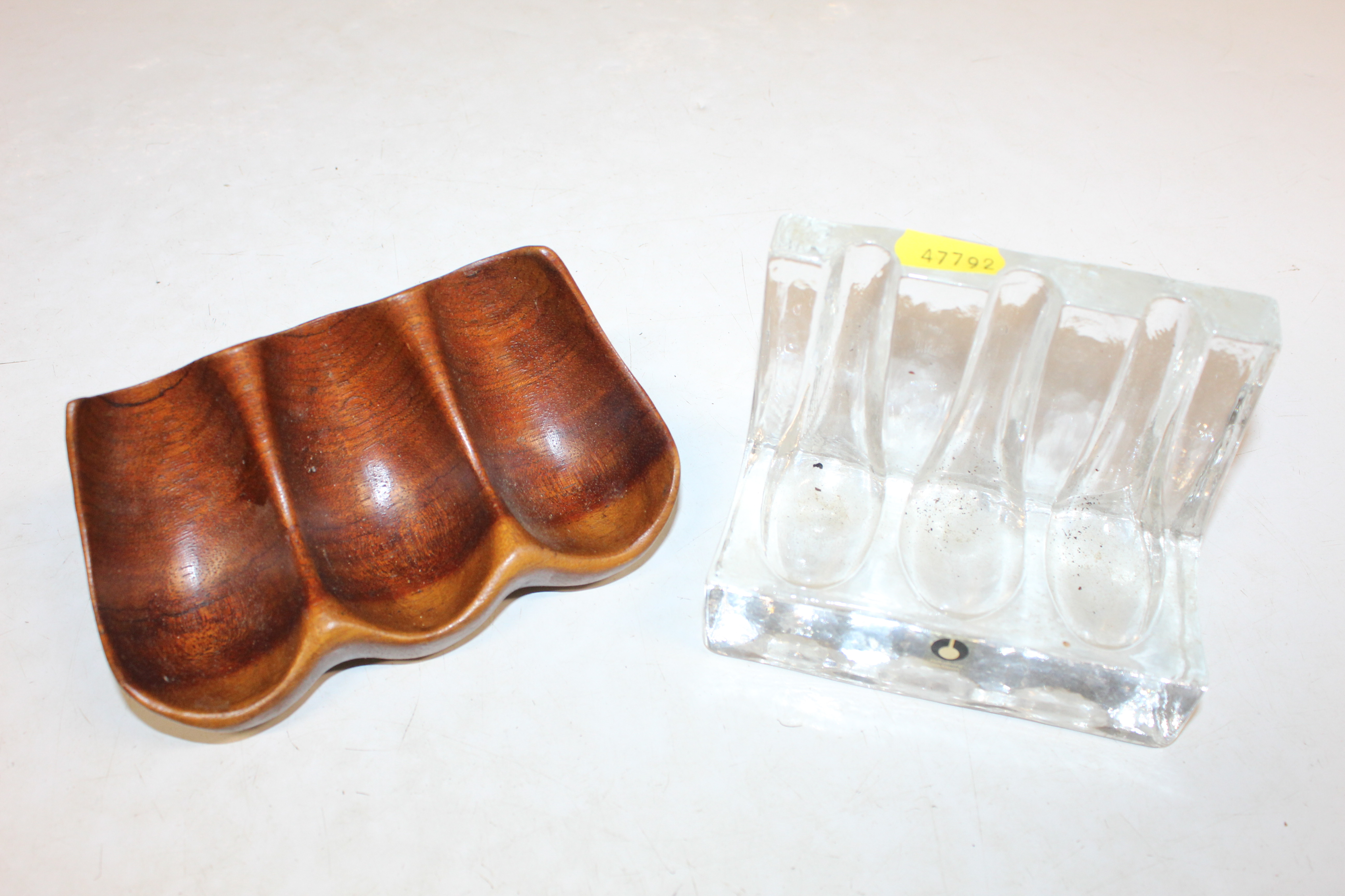 A Pukeberg Sweden glass pipe rest; a carved wooden - Image 3 of 11