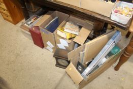 A box containing various trophies, an oak cased tw