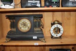 A wooden cased mantel clock together with another