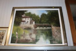 A framed oil on canvas, depicting a lake scene, in