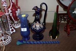 A blue glass gilt and floral decorated ewer, a blu