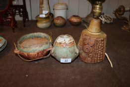 A Bernard Rooke pottery table lamp and two hanging