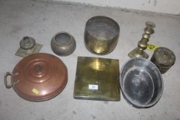 A quantity of antique metalware including oak and plated bread basket, a brass dairy weights