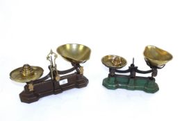 A set of W & T Avery ornate kitchen scales to weigh 2lb, with brass pans and weights and another