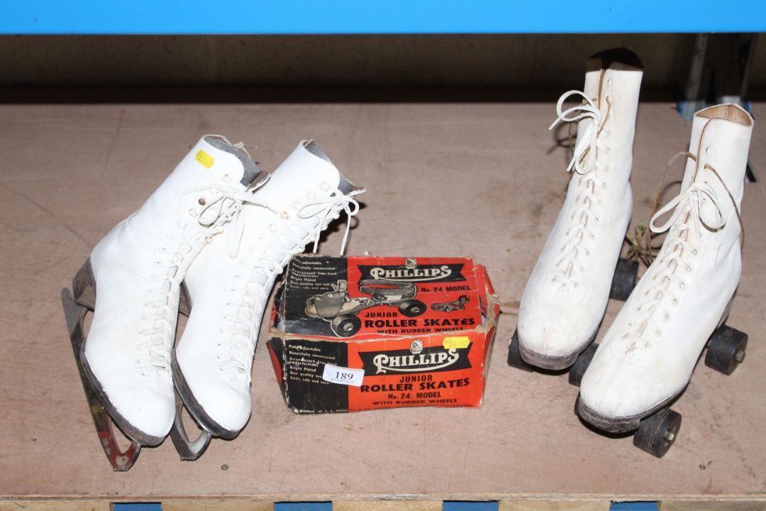 A pair of early ladies roller skates, a pair of early ladies ice skates and a box of child's strap - Image 1 of 2