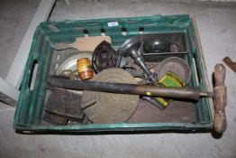 A box of miscellaneous antique metalware, tools and a weighing scale, number punches etc.