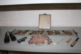 A quantity of various bygones to include a pair of Lancashire leather child's clogs, fans, a stone