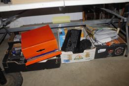 Four boxes containing wireless keyboards, dance mat, JVC CD receiver, VR headset etc.