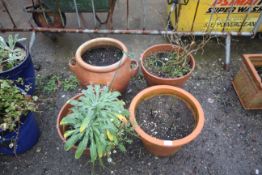A strawberry planter and three large terracotta pl