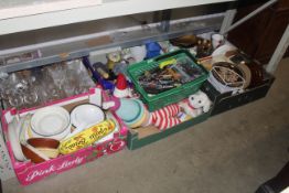 Seven boxes containing various sundry items to include glass and china, soft toys, cutlery etc.