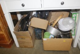 Three boxes containing various kitchenalia to incl