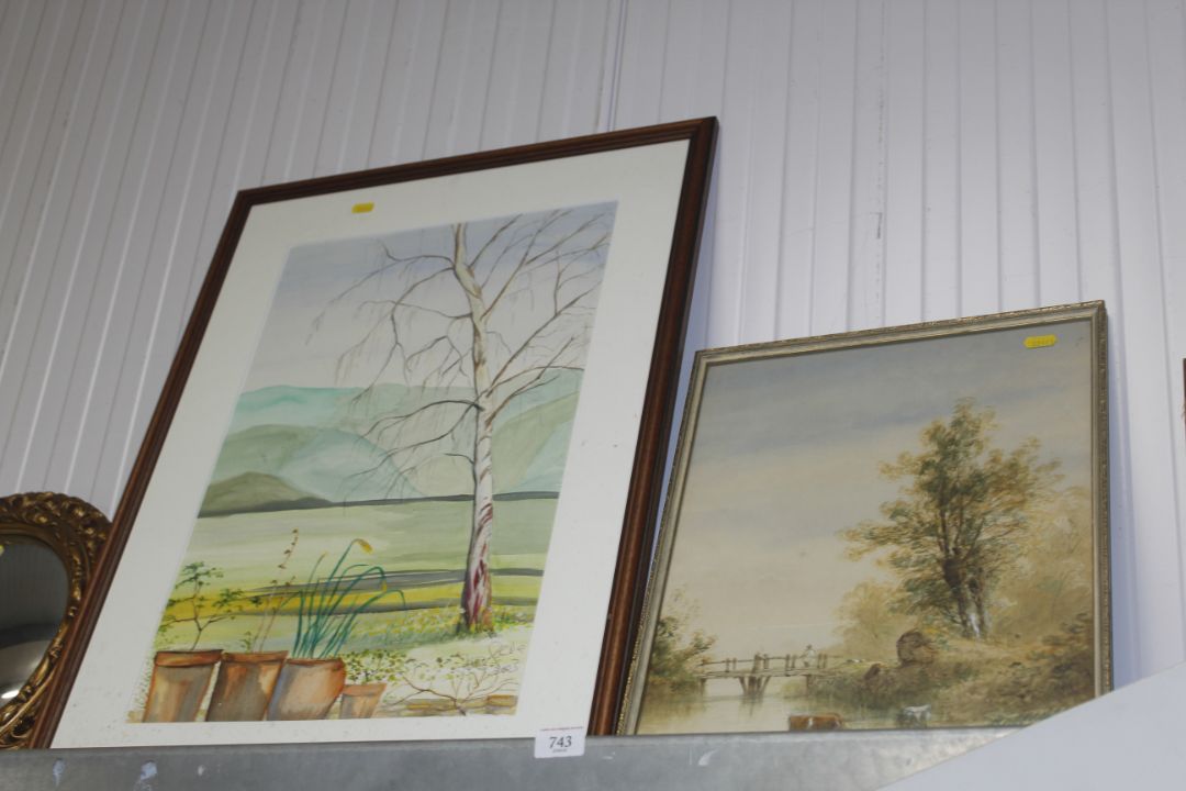 A Vincent, watercolour study depicting cows in the lake, together with a framed and glazed - Image 1 of 2