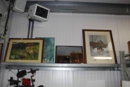 A collection of various pictures and print, together with a G-plan style wall mirror